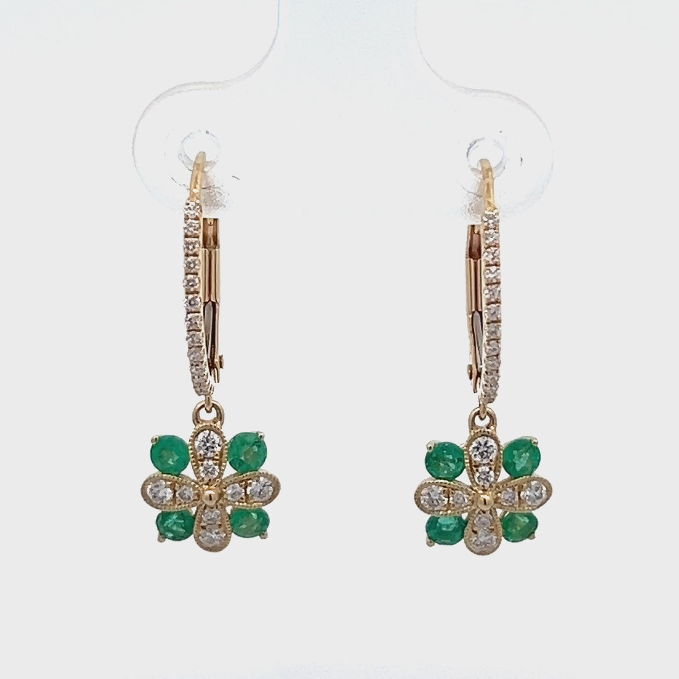 14k Yellow Gold Round Emerald and Diamond Flower Earrings (0.48ctw.)