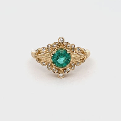 14k Yellow Gold Round Emerald and Diamond Vintage Inspired Ring (0.65ct.)