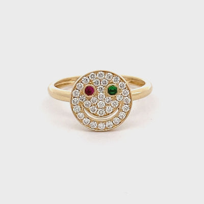 14k Yellow Gold Round Ruby, Tsavorite Garnet and Diamond Smiley Face Ring (0.31ctw.)