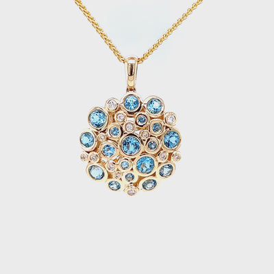 14k Yellow Gold Round Blue Topaz and Diamond Bezel Pendant (2.24ctw.)