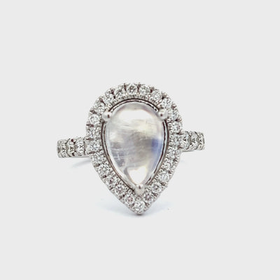 14k White Gold Pear Shape Moonstone and Diamond Halo Ring (3.10ct.)