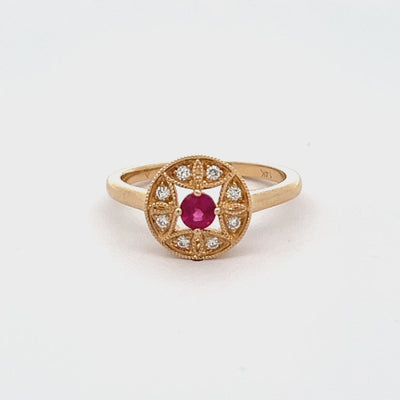 14k Yellow Gold Round Ruby and Diamond Halo Ring (0.34ct.)