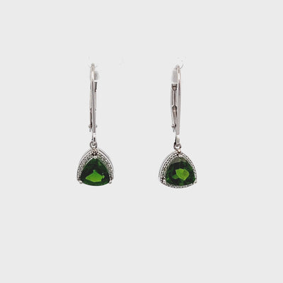 14k White Gold Trillion Cut Green Chrome Diopside and Diamond Halo Drop Earrings (0.70ctw.)