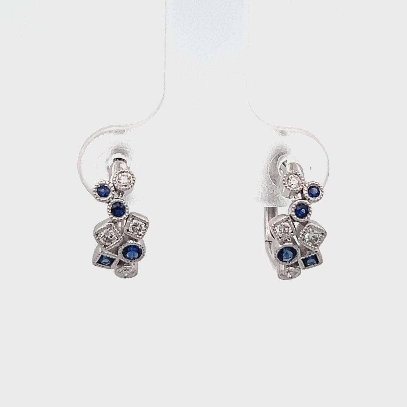 14k White Gold Round Sapphire and Diamond Huggie Hoop Earrings (0.20ctw.)