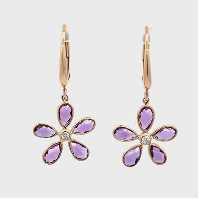 14k Yellow Gold Pear Shape Amethyst and Round Diamond Bezel Set Flower Earrings (5x3mm)