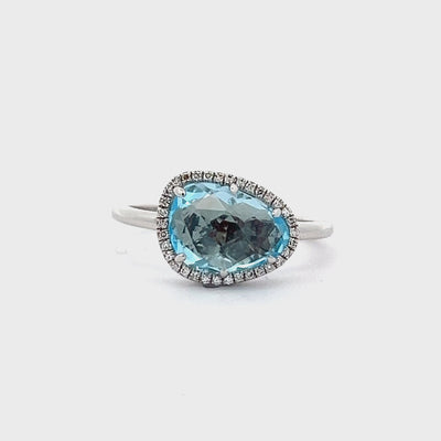 14k White Gold Triangular Blue Topaz and Diamond Prong Set Halo Ring (2.69ct.)