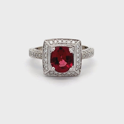 18k White Gold Red Spinel and Round Diamond Prong Set Halo Ring (1.33ct.)