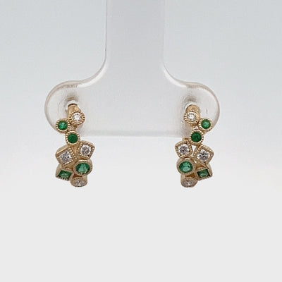 14k Yellow Gold Round Emerald and Diamond Huggie Hoop Earrings (0.13ctw.)
