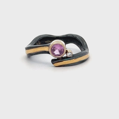 Oxidized Sterling Silver and 18k Yellow Gold Pink Sapphire and Diamond Pathways Ring by Paul Richter (0.39ct.)