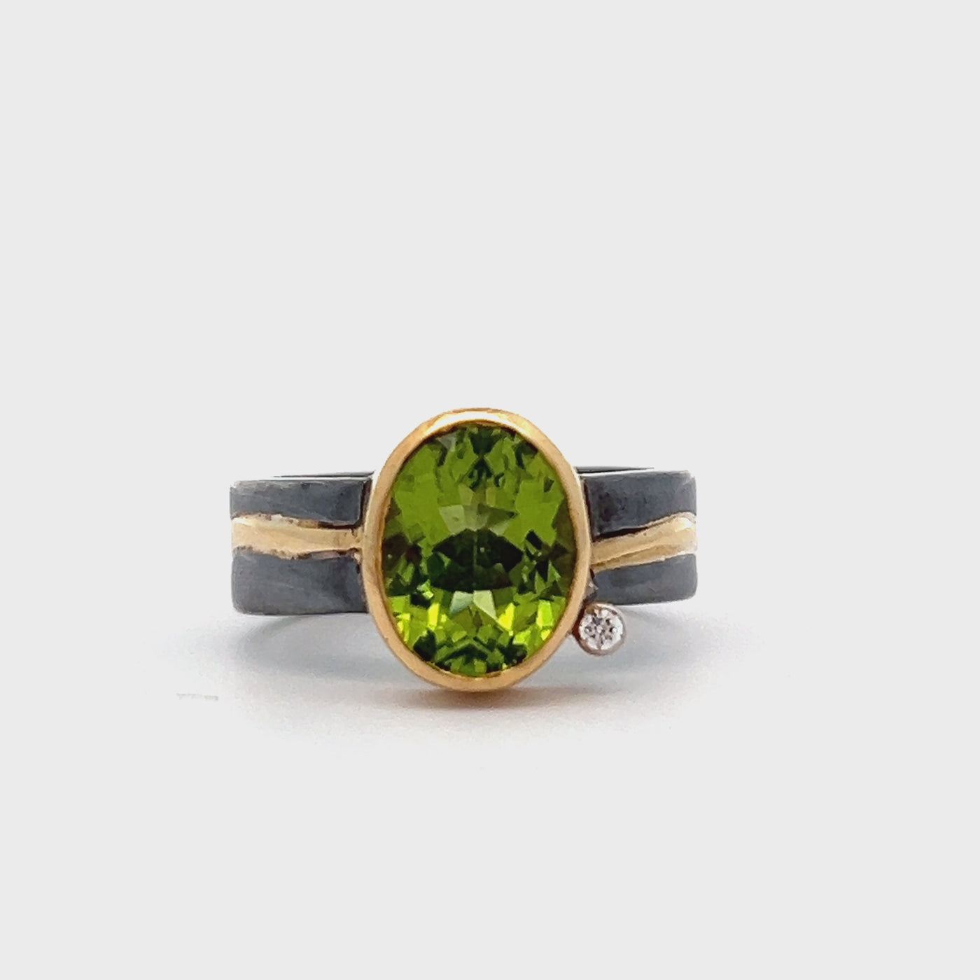 Oxidized Sterling Silver and 18k Yellow Gold Peridot and Diamond Pathways Ring by Paul Richter (2.83ct.)