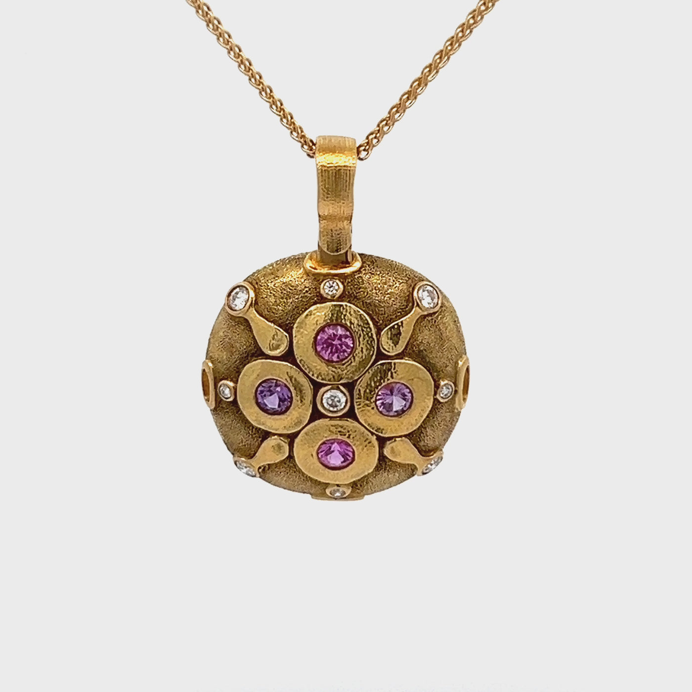 Estate Alex Sepkus 18k Yellow Gold Round Pink Sapphire and Diamond Pendant (0.40ctw.)