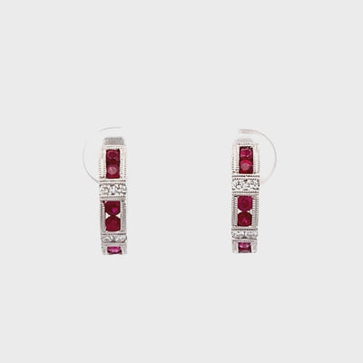 14k White Gold Round Ruby and Diamond Hoop Earrings (0.64ctw.)