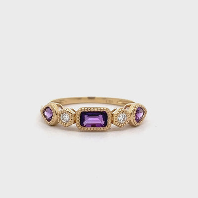 14k Yellow Gold Emerald Cut and Pear Shape Amethyst and Diamond Anniversary Band (0.54ctw.)