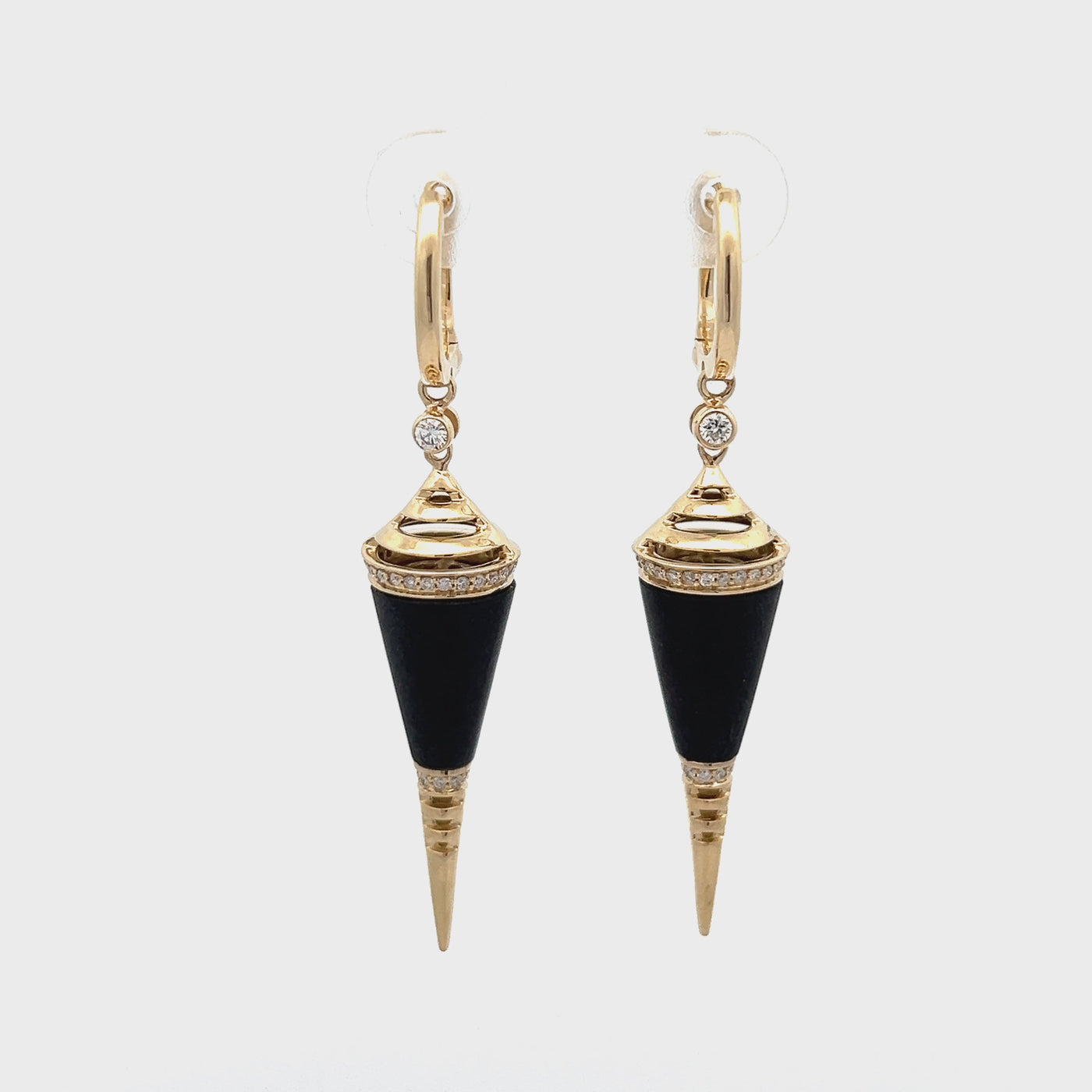 14k Yellow Gold Matte Black Onyx and Round Diamond Drop Earrings (0.34ctw.)