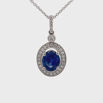 14k White Gold Oval Sapphire and Round Diamond Prong Set Halo Pendant and Chain (1.29ct.)