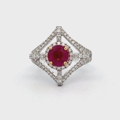 18k Two-Tone White and Yellow Gold Round Ruby and Diamond Halo Ring (1.70ct.)