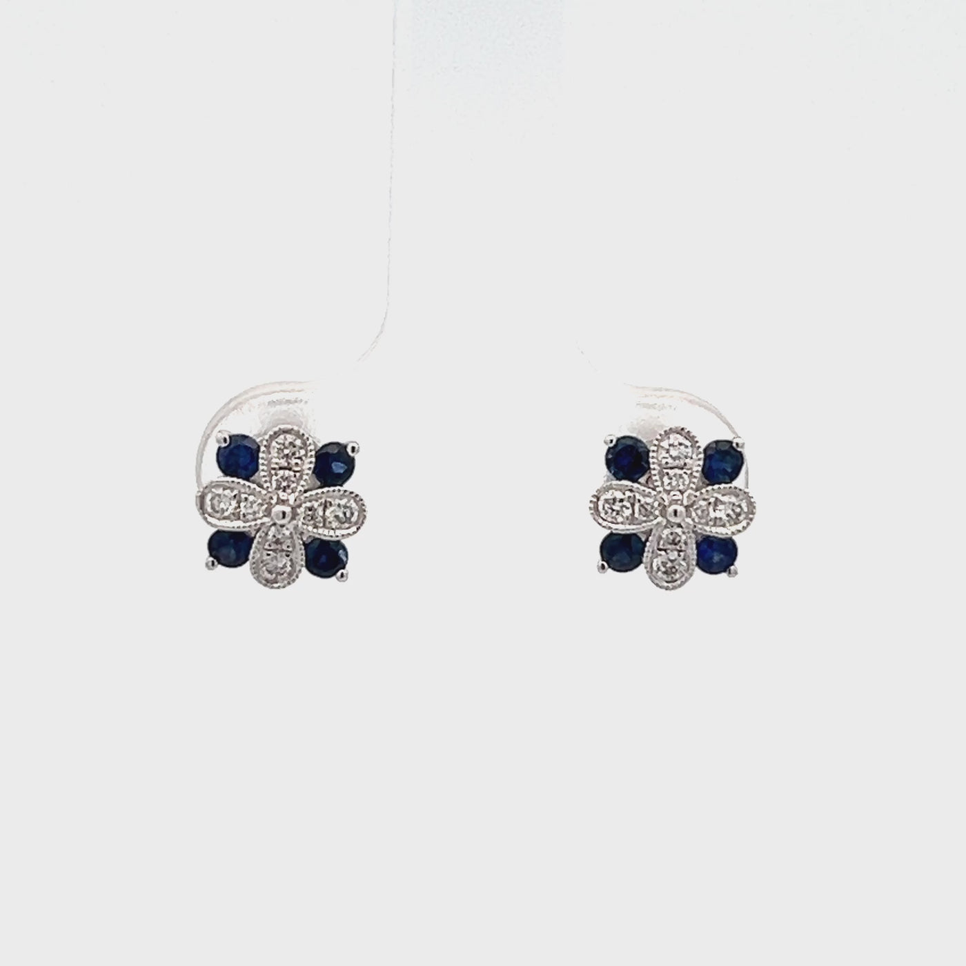 14k White Gold Round Sapphire and Diamond Flower Earrings (0.35ctw.)