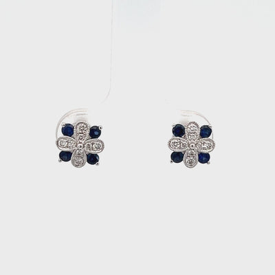 14k White Gold Round Sapphire and Diamond Flower Earrings (0.35ctw.)