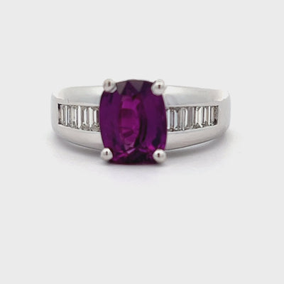 18k White Gold Oval Purple Garnet and Baguette Cut Diamond Ring (2.57ct.)