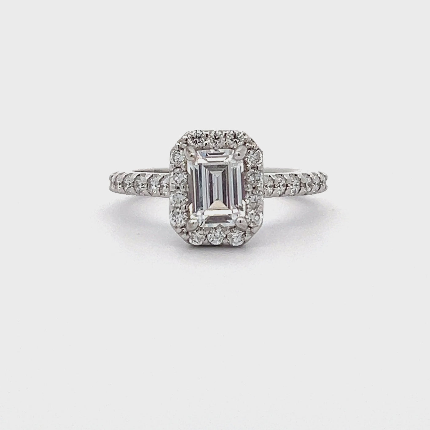 14k White Gold Round Diamond Halo Engagement Ring Setting for an Emerald Cut Center Stone (0.52ctw)