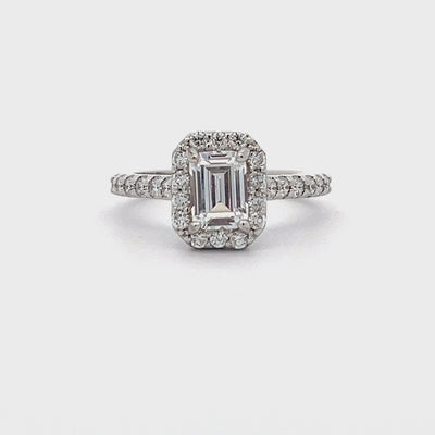 14k White Gold Round Diamond Halo Engagement Ring Setting for an Emerald Cut Center Stone (0.52ctw)