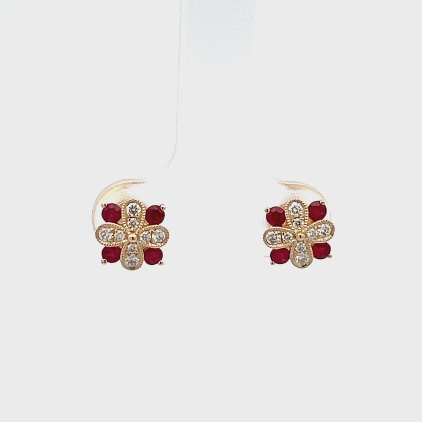 14k Yellow Gold Round Ruby and Diamond Flower Earrings (0.34ctw.)