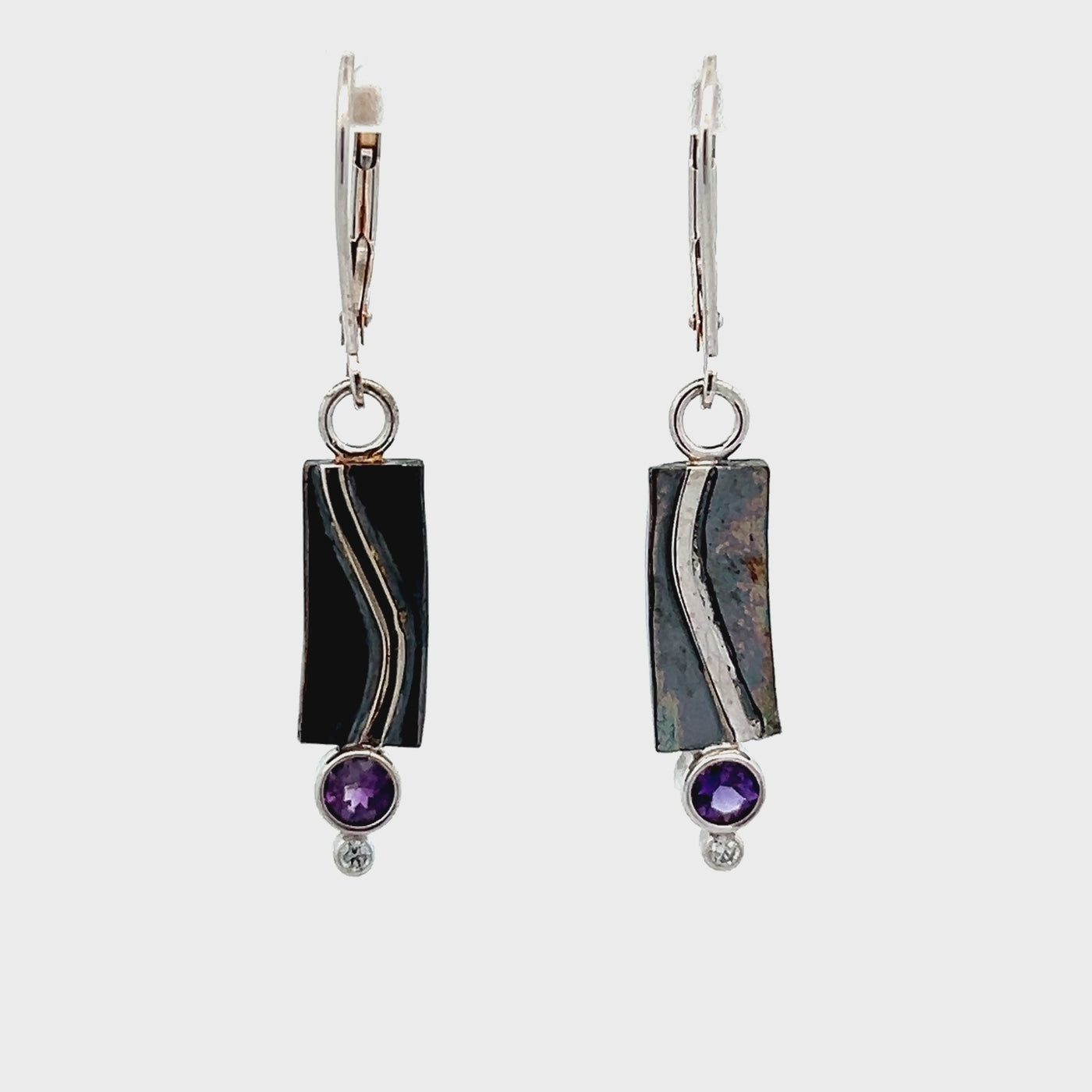 Oxidized Sterling Silver and 14k White Gold Amethyst and Diamond Pathways Earrings by Paul Richter (0.40ctw.)