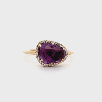 14k Yellow Gold Triangular Amethyst and Round Diamond Halo Ring (1.97ct.)