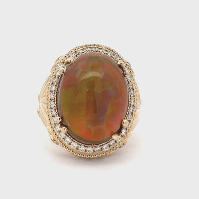 14k Yellow Gold Oval Opal and Round Diamond Halo Ring (10.78ct.)