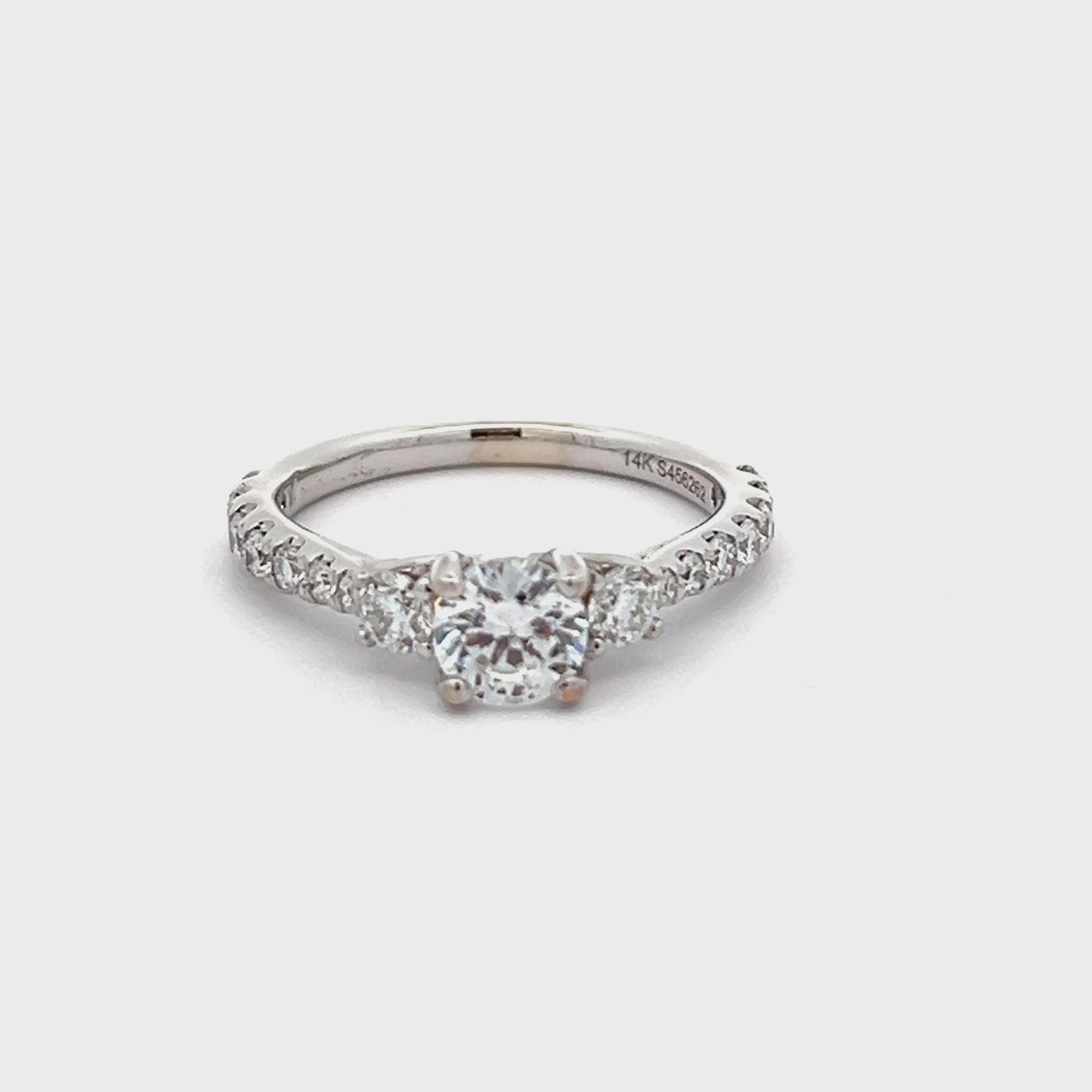14k White Gold Round Diamond Three Stone Engagement Ring Setting (0.64ctw.)