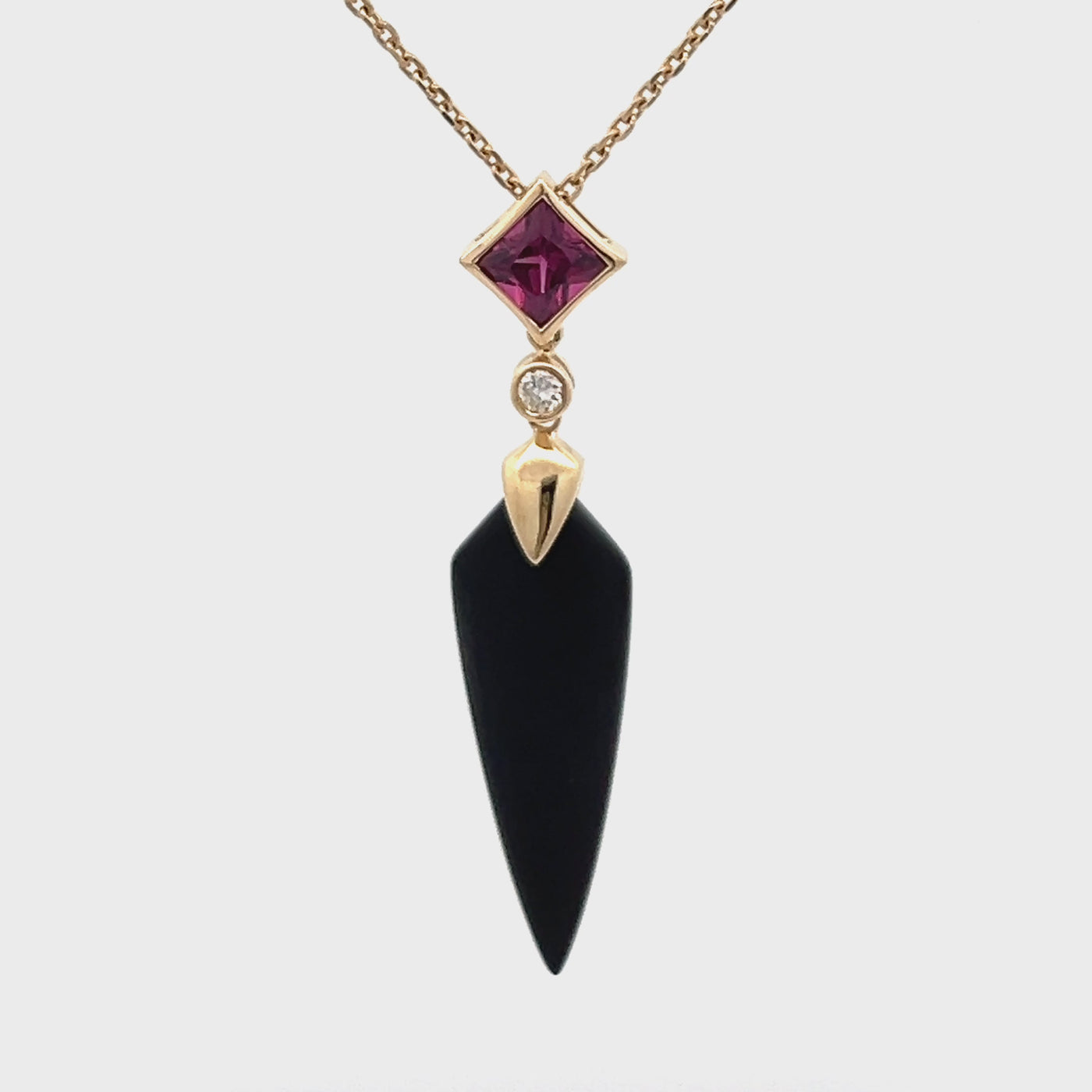 14k Yellow Gold Shield Matte Black Onyx, Garnet and Round Diamond Pendant (0.03ct.)