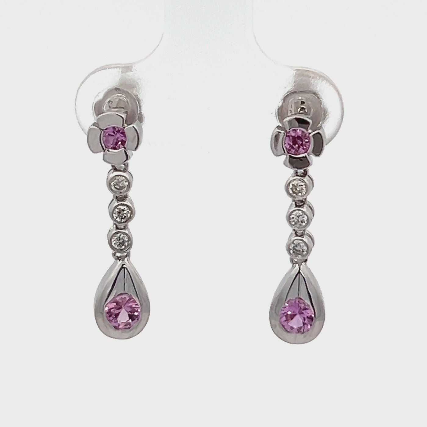 14k White Gold Round Pink Sapphire and Diamond Bezel Set Drop Earrings  (0.53ctw)