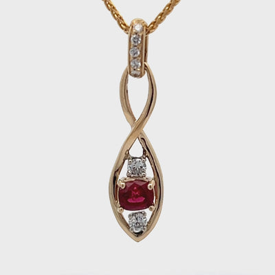 14k Yellow Gold Cushion Cut Ruby and Diamond Prong Set Infinity Pendant (0.64ct.)