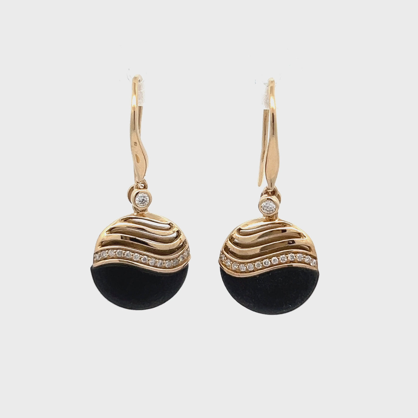 14k Yellow Gold Wave Matte Black Onyx and Round Diamond Drop Earrings (0.16ctw)