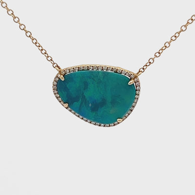 14k Yellow Gold Triangular Opal and Round Diamond Halo Pendant and Chain (1.86ct.)