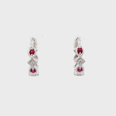 14k White Gold Round Ruby and Diamond Hoop Earrings (0.20ctw.)