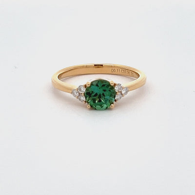 18k Yellow Gold Round Green Tourmaline and Diamond Prong Set Ring (0.95ct.)