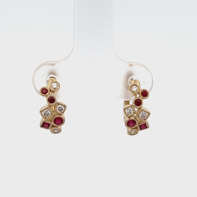 14k Yellow Gold Round Ruby and Diamond Huggie Hoop Earrings (0.25ctw.)