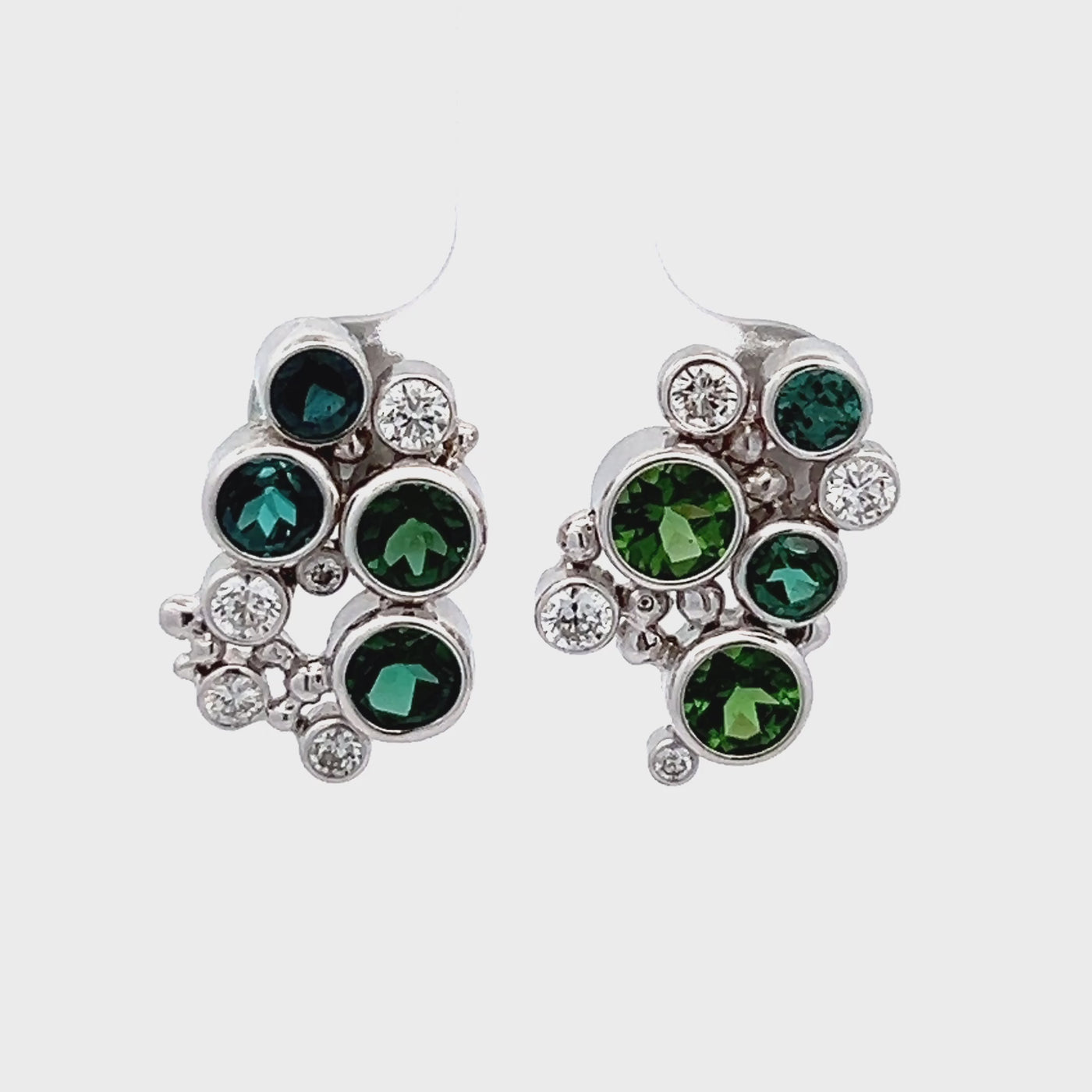 14k White Gold Round Green Tourmaline and Diamond Bezel Set Earrings by Paul Richter (1.65ctw.)