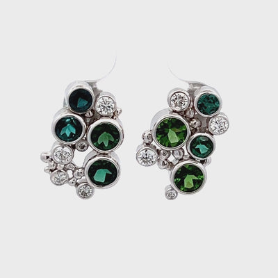 14k White Gold Round Green Tourmaline and Diamond Bezel Set Earrings by Paul Richter (1.65ctw.)