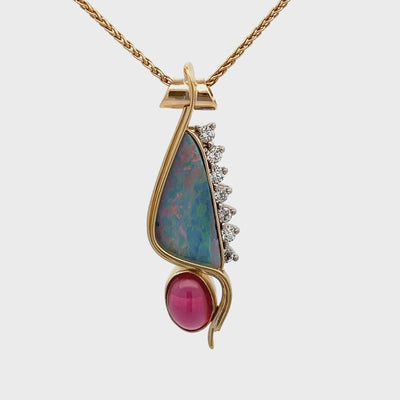 18k Yellow Gold Opal Doublet, Garnet and Diamond Pendant by Paul Richter (19x9mm)