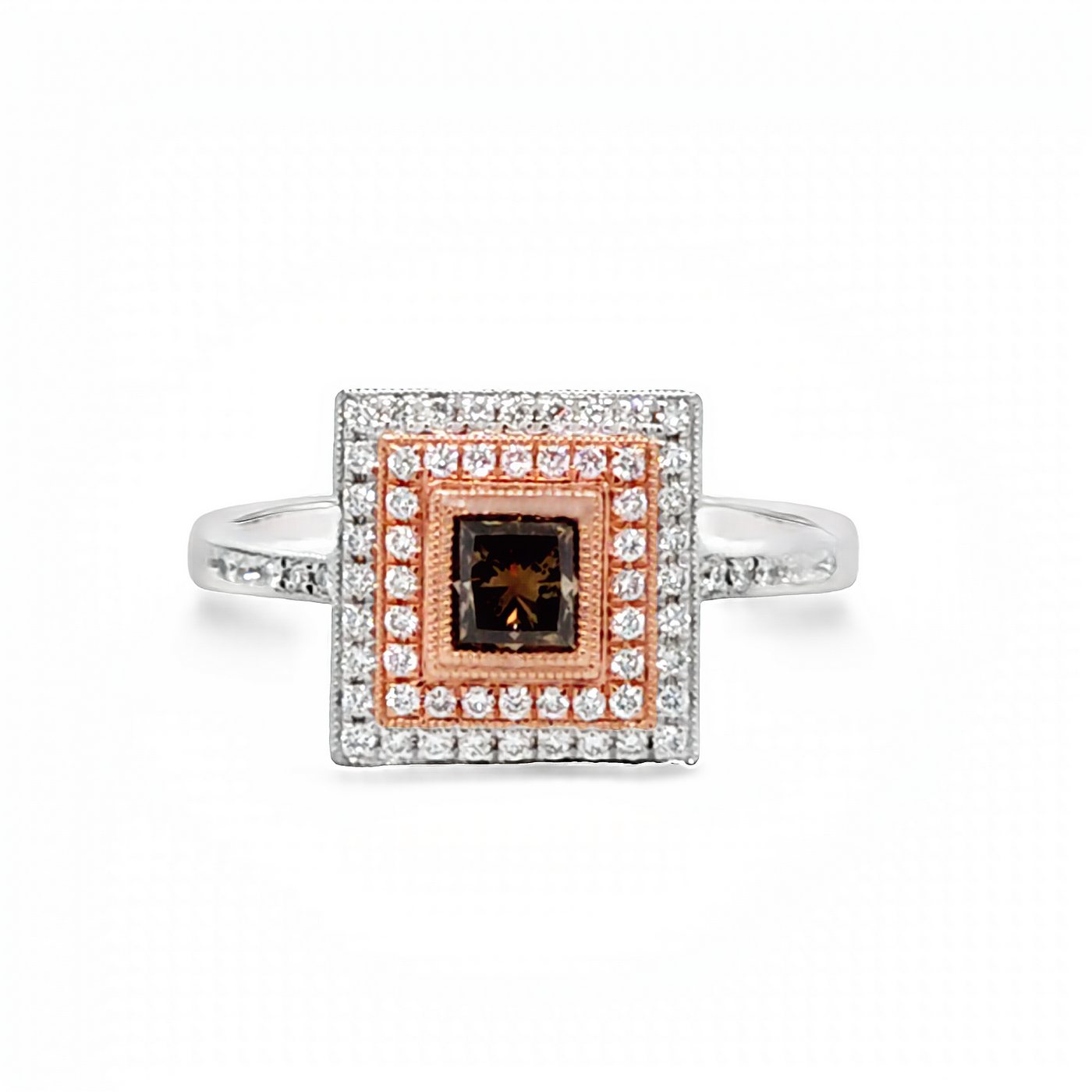 14k White and Rose Gold Princess Cut Brown and White Diamond Halo Ring (0.58ct.)
