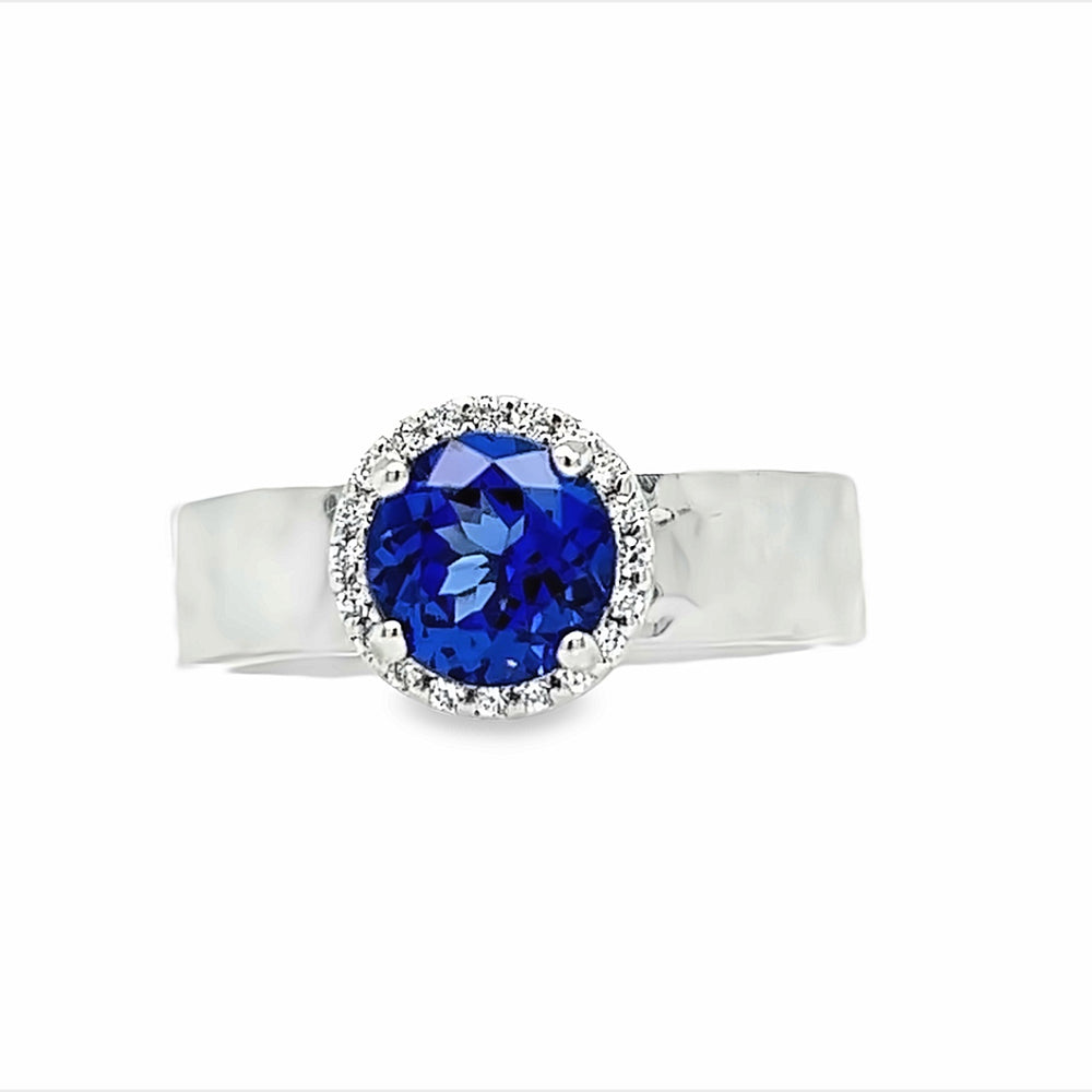 14k White Gold Round Tanzanite and Diamond Halo Ring by Paul Richter