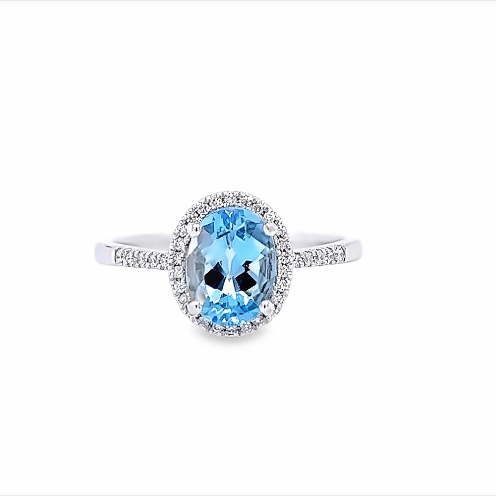 14k White Gold Oval Aquamarine and Round Diamond Halo Ring (1.13ct.)