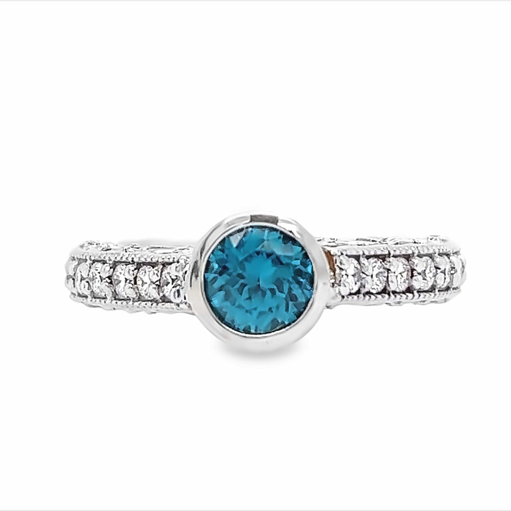 14k White Gold Round Blue Zircon and Diamond Bezel Ring (1.48ct.)