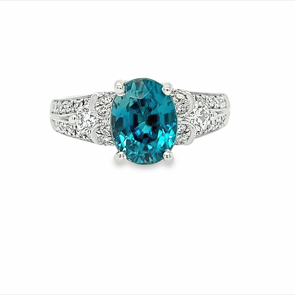 18k White Gold Oval Blue Zircon and Diamond Prong Set Ring (3.39ct.)