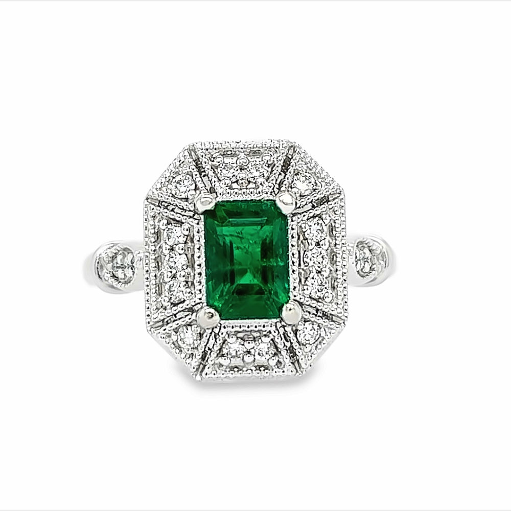14k White Gold Emerald Cut Emerald & Diamond Halo Ring (1.05ct.)