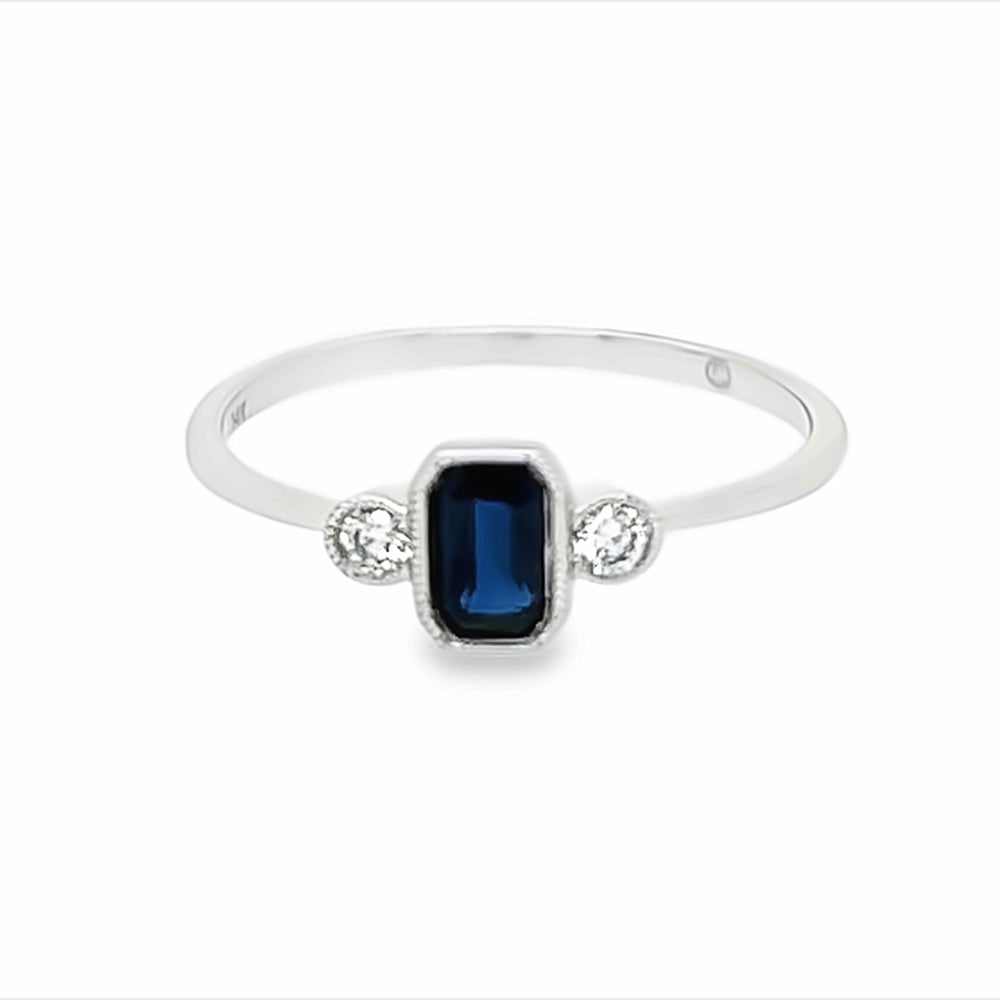 14k White Gold Emerald Cut Sapphire & Diamond Bezel Ring (0.38ct.)