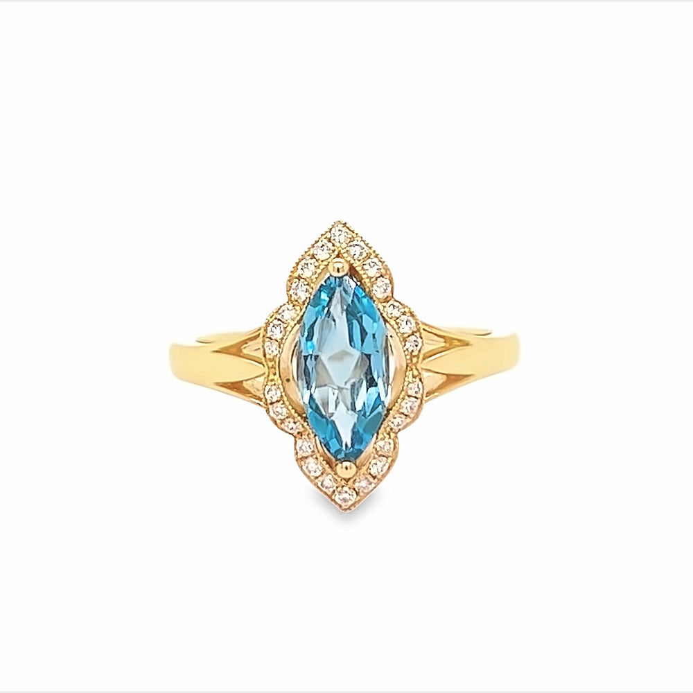 14k Yellow Gold Blue Marquise Topaz & Diamond Ring and Diamond Halo Ring (1.35ct.)
