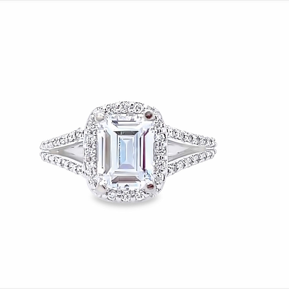 14k White Gold Diamond Halo Engagement Ring Setting For Emerald Cut Center (0.29ctw.)
